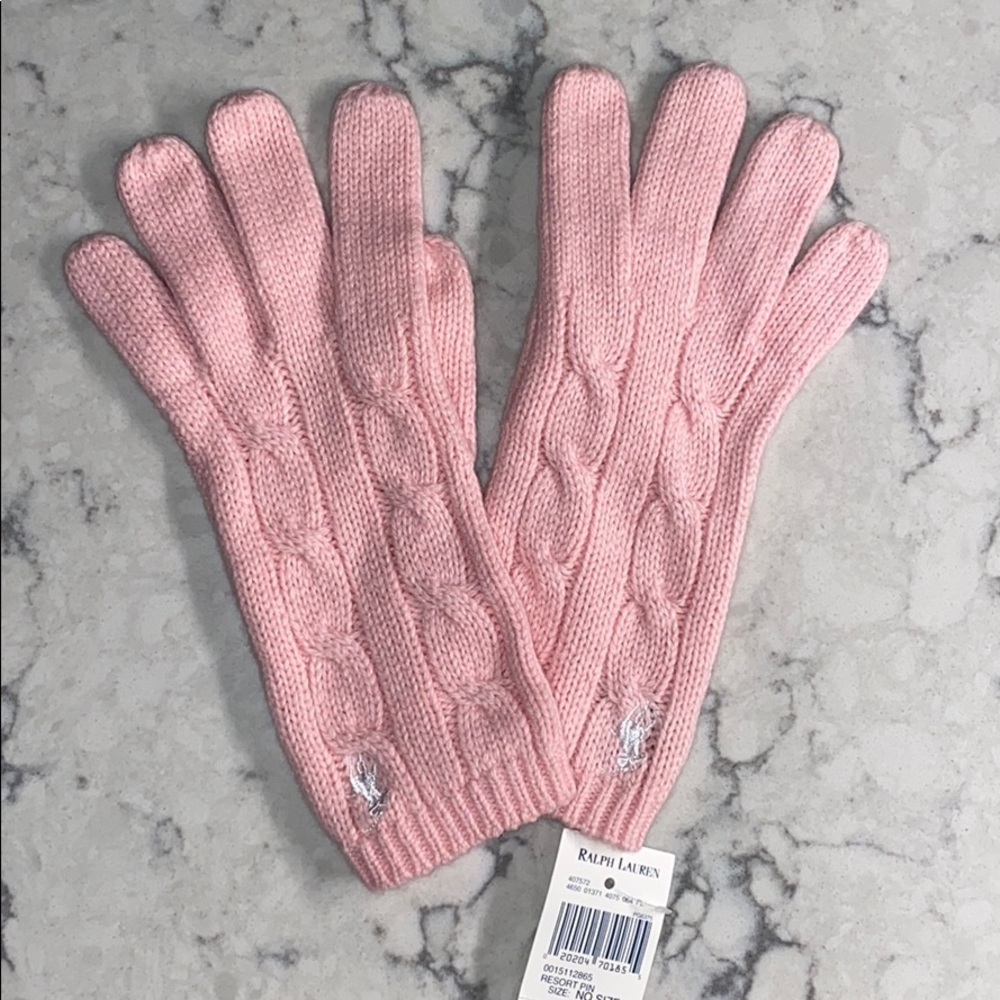 NEW RALPH LAUREN PINK & WHITE KNITTED GLOVES